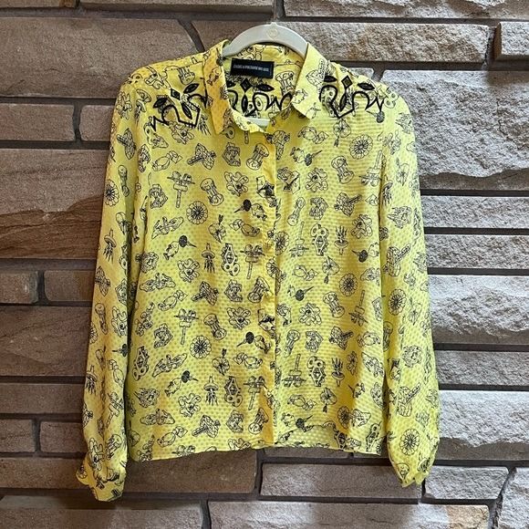 Zadig & Voltaire Tiano Manga 100% Silk Western Button Up Shirt Yellow Black Med - Picture 1 of 12